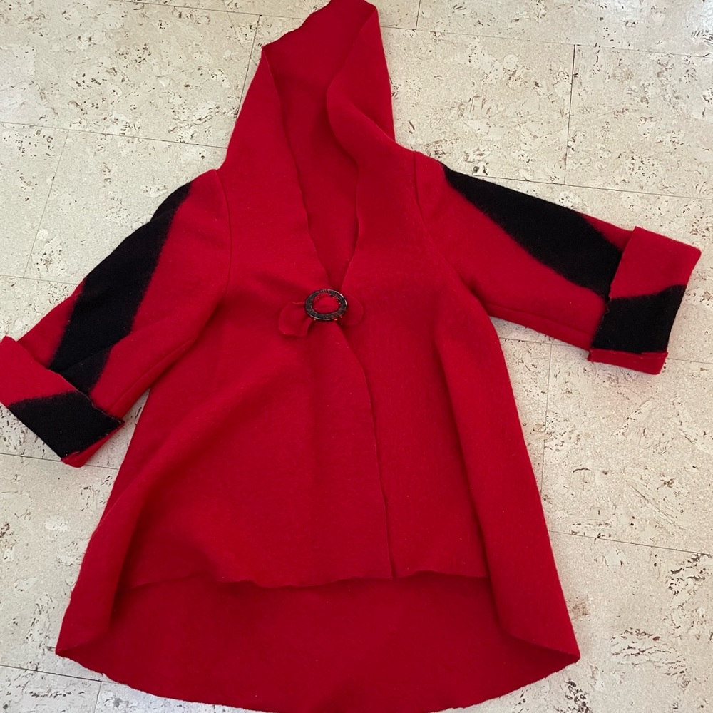 Vivid red and black handmade coat from Hudson Bay blanket.